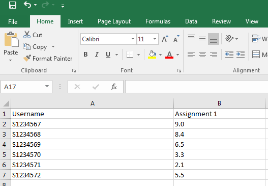Excel screenshot with a column Username and Assignment 1.